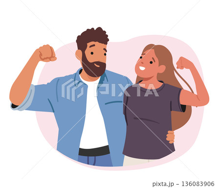Strong relationship people cartoon portrait of happy loving couple showing biceps hugging together Strong relationship people cartoon portrait of happy loving couple showing biceps hugging together 136083906