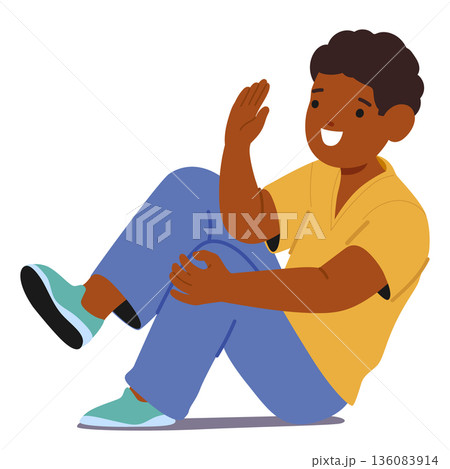 Happy boy cartoon character laughing infectiously and swings his body while sitting on floor 136083914