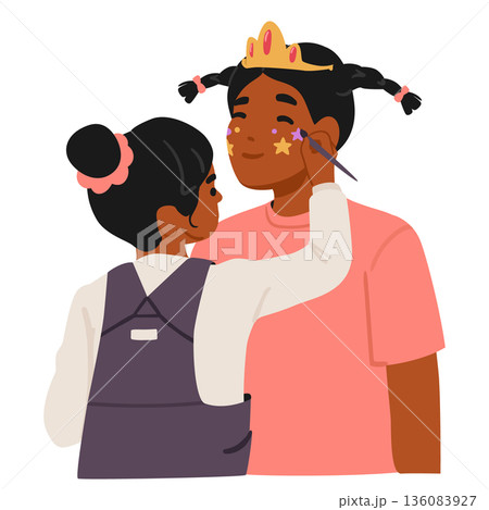 Cute cartoon scene of happy mother and little daughter making face makeup and body art together 136083927