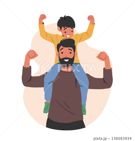 Strong paternal bond cartoon portrait scene of happy father and son showing biceps together 136083934