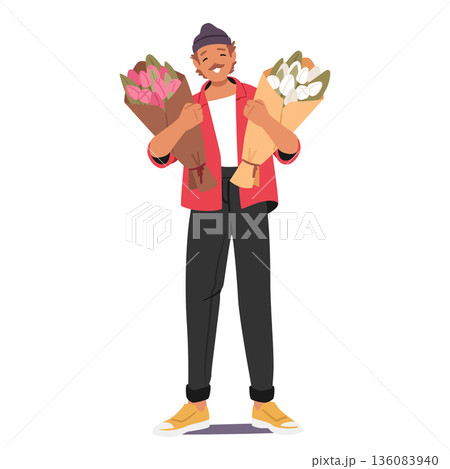 Happy smiling man cartoon character holding two bouquets of tulips isolated full-length portrait 136083940