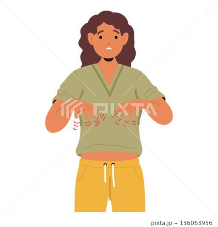 Woman cartoon character experiencing shaking hands, trembling body feeling symptom of panic attack Woman cartoon character experiencing shaking hands, trembling body feeling symptom of panic attack 136083956
