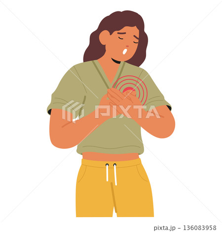 Woman cartoon character experiencing rapid heartbeat during symptom of severe panic attack 136083958