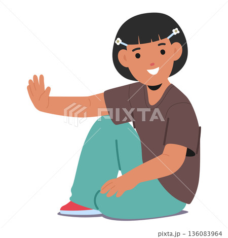Pretty girl kid cartoon character waving hand while sitting on floor isolated on white background 136083964