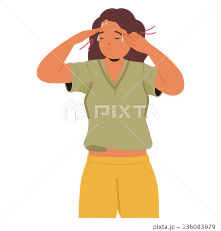 Woman cartoon character experiencing excessive sweating and perspiration as symptom of panic attack Woman cartoon character experiencing excessive sweating and perspiration as symptom of panic attack 136083979