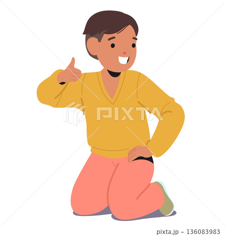 Happy smiling preschool boy cartoon character gesturing thumbsup with raised hand sitting on floor Happy smiling preschool boy cartoon character gesturing thumbsup with raised hand sitting on floor 136083983
