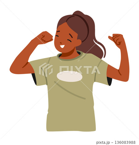 Preteen girl cartoon character showing biceps rejoicing her strength and power isolated portrait 136083988