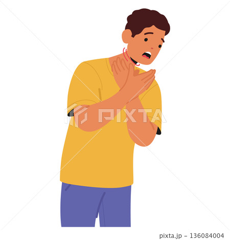 Anxious man feeling lack of air and gasping suffering from panic attack isolated on white background Anxious man feeling lack of air and gasping suffering from panic attack isolated on white background 136084004