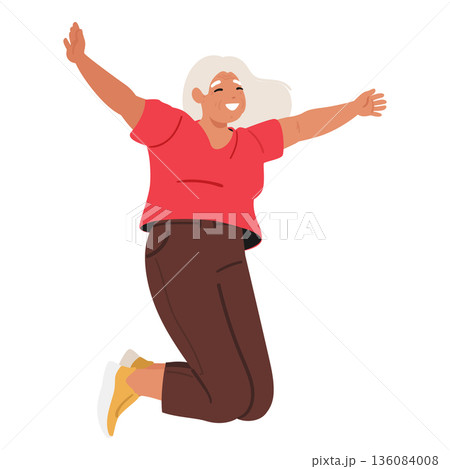 Happy excited elderly woman cartoon character jumping up high in air isolated on white background 136084008