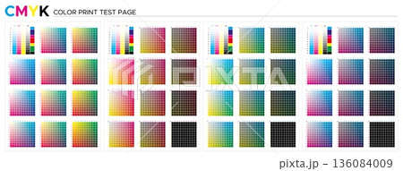 Color chart CMYK. Test page. CMYK process printing match. Cyan, magenta, yellow, black. Press table palette, color management, quality control in print production, prepress to choose color samples Color chart CMYK. Test page. CMYK process printing match. Cyan, magenta, yellow, black. Press table palette, color management, quality control in print production, prepress to choose color samples 136084009