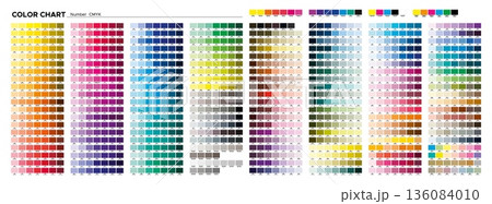 Color chart. CMYK colors on coated paper. Print test page. Prepress color matching, selecting samples, quality control colors for printing. Vector palette 136084010