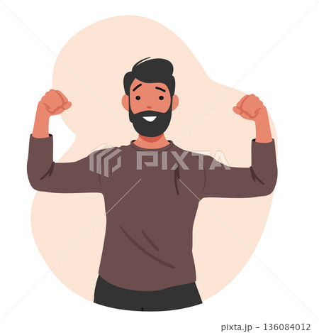 Courageous young bearded man showing biceps while flexing his muscles demonstrating personal power 136084012
