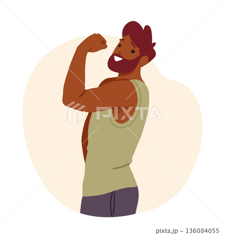 Sportive man cartoon character showing biceps flexing muscles demonstrating strength and power 136084055