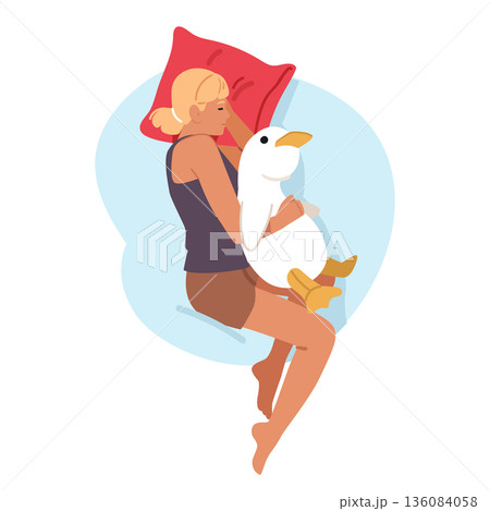 Peaceful cartoon scene of young woman sleeping in bed hugging cute toy duck enjoying relaxation 136084058