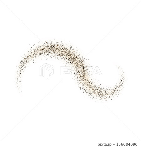 Dust powder or brown paint particles scattered to curl wavy shape, vector realistic dusty overlay sand splash effect 136084090