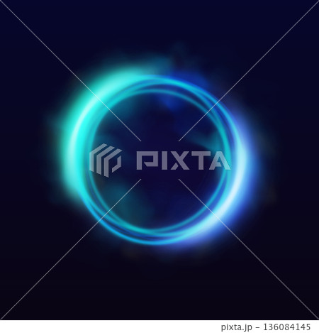 Blue neon halo with smoke, glowing ring with luminous aura on dark background, bright circles eclipse effect flare light Blue neon halo with smoke, glowing ring with luminous aura on dark background, bright circles eclipse effect flare light 136084145
