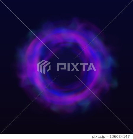 Blue neon halo with smoke, glowing ring with luminous aura on dark background, bright circle fog effect haze flare light Blue neon halo with smoke, glowing ring with luminous aura on dark background, bright circle fog effect haze flare light 136084147