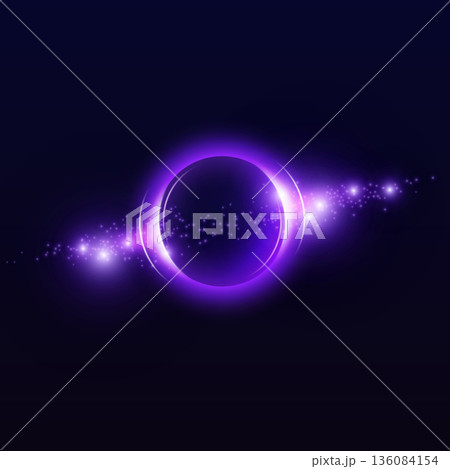 Purple neon halo circle with blur and rays, glowing ring with bright luminous on dark, radiant circular shape with flare 136084154