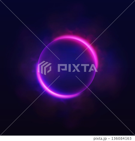 Purple neon halo with smoke, glowing ring with luminous on dark background, bright circles eclipse effect flare light 136084163