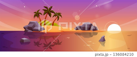 Tropical island wallpaper with palm trees, rocks, and a sandy beach at sunset or sunrise. Tropical island wallpaper with palm trees, rocks, and a sandy beach at sunset or sunrise. 136084210