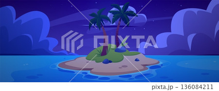 Tropical island with palm trees and blue water at night, vector flat uninhabited exotic island in ocean under starry sky Tropical island with palm trees and blue water at night, vector flat uninhabited exotic island in ocean under starry sky 136084211