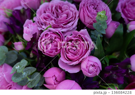 Purple peonies, romantic bouquet background. Flowers. 136084228