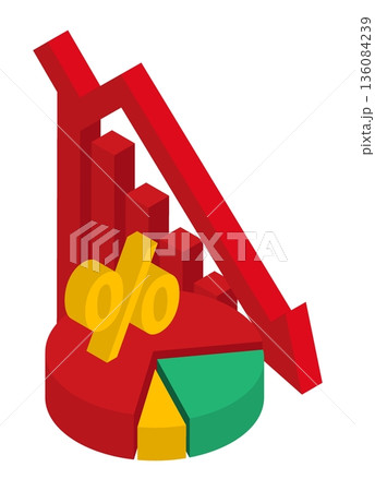 Isometric red falling chart with an arrow...のイラスト素材 [136084239] - PIXTA