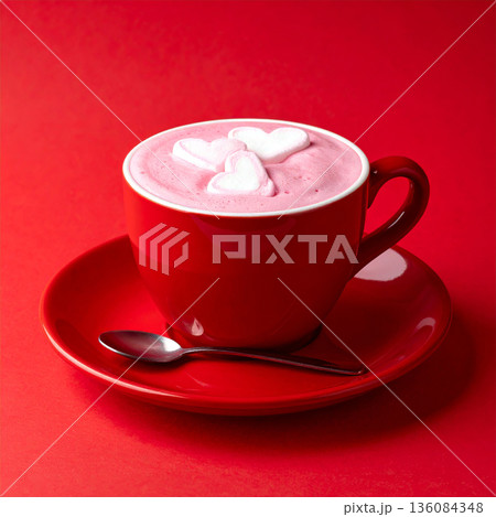 ハートのマシュマロが浮かぶ赤いカップのホットドリンク 136084348