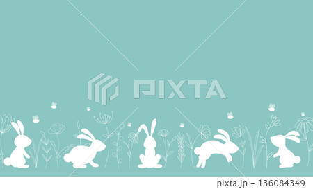 Horizontal template with silhouettes of hares, wildflowers and grass Horizontal template with silhouettes of hares, wildflowers and grass 136084349