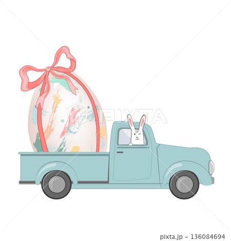 Pickup truck with a big Easter egg and funny bunny driver. Vector Illustration Isolated on white background 136084694