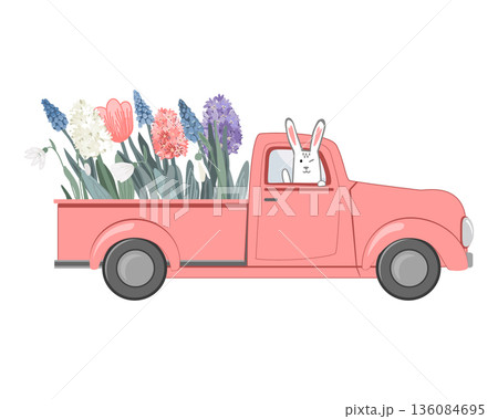 Pink vintage truck with spring flowers in the back and bunny driver. Hello Spring concept. Easter, woman day or birthday card. Flower delivery, vector isolated illustration. 136084695