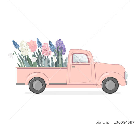 Pink vintage truck with spring flowers in the back. Hello Spring concept. Easter, woman day or birthday card. Flower delivery, vector isolated illustration 136084697