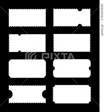 Admit tickets mockup on black background. Ticket for cinema, festival, casino, circus, theater, club pattern. Empty flat templates. Simple boarding blank, minimalist sale coupons, lottery. Admit tickets mockup on black background. Ticket for cinema, festival, casino, circus, theater, club pattern. Empty flat templates. Simple boarding blank, minimalist sale coupons, lottery. 136084899