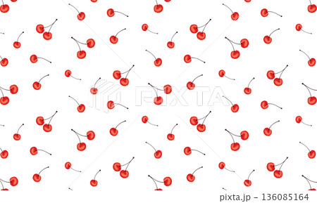 水彩画風の立体的な赤いさくらんぼの模様 136085164