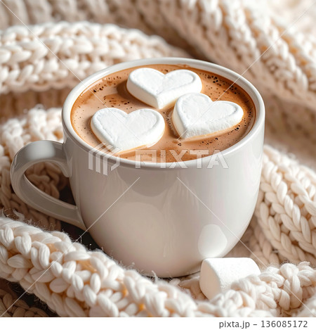 ハート型マシュマロを浮かべたホットチョコレート 136085172