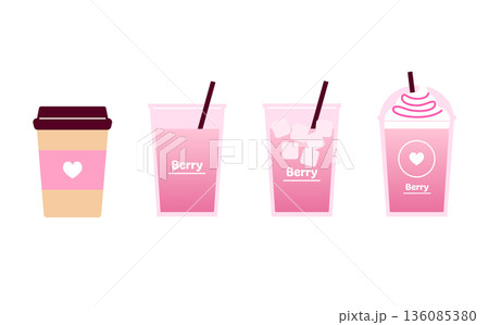 テイクアウト用ストロベリーラテのベクターイラストセット。紙コップとストロー付きのカップ。 136085380