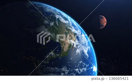 《AI画像》宇宙から見た地球と火星イメージ 《AI画像》宇宙から見た地球と火星イメージ 136085421