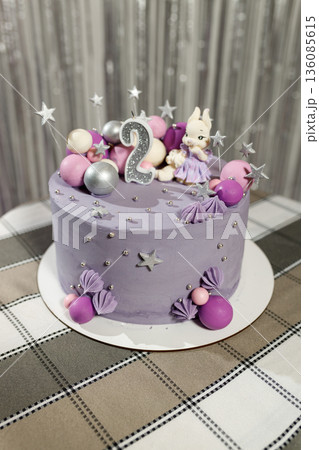 Cute Purple Birthday Cake with Number Two and Stars Cute Purple Birthday Cake with Number Two and Stars 136085615
