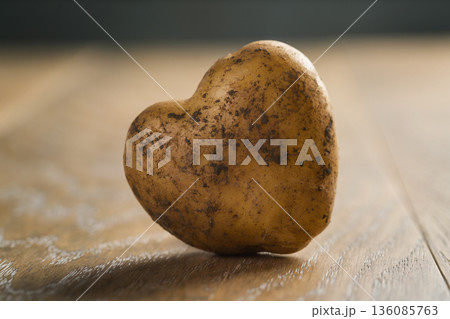 fresh raw heart shape potato on wood background fresh raw heart shape potato on wood background 136085763