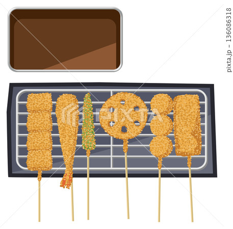 盛り付けられた串カツとソースのイメージイラスト 盛り付けられた串カツとソースのイメージイラスト 136086318