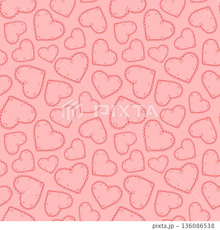 Romantic hearts vector seamless pattern. Outline red scalloped heart shapes on pink background. Cute minimalist monochrome repeat tile for Valentine's Day. Coquette doodle design for 14 February 136086538