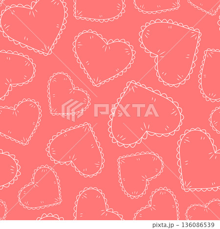 Romantic hearts vector seamless pattern. Outline white heart shapes with decorative scalloped edges on pink background. Cute minimalist repeat tile for Valentine's Day, wedding, cards, stationery 136086539