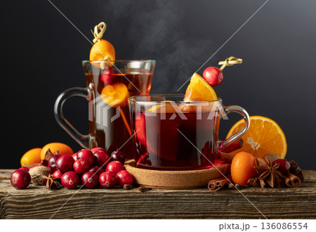 Winter drinks with spices, cranberries, and citrus fruits on a dark background. Winter drinks with spices, cranberries, and citrus fruits on a dark background. 136086554