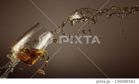 Glass and white wine splash on a beige background. Glass and white wine splash on a beige background. 136086561