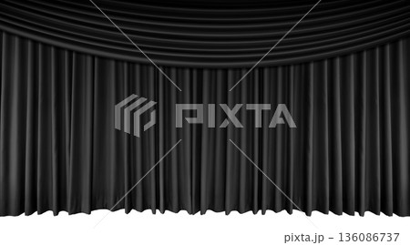 Black stage curtain with a long top border, made of velvet. Suitable for film, concert, or theatrical sets. Black stage curtain with a long top border, made of velvet. Suitable for film, concert, or theatrical sets. 136086737