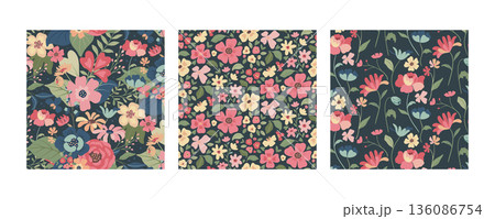 Set of three vector floral seamless patterns. A colorful endless pattern of flowers and plants. A Romantic collection Set of three vector floral seamless patterns. A colorful endless pattern of flowers and plants. A Romantic collection 136086754