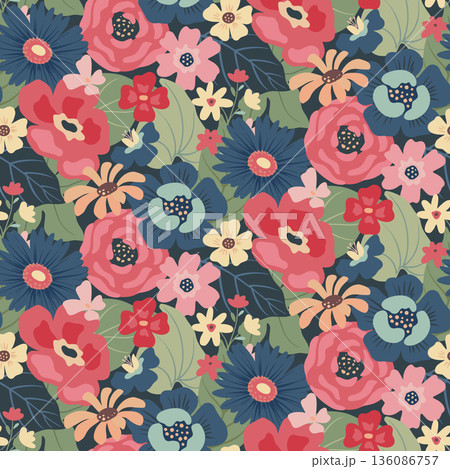 Modern vector floral seamless pattern. A colorful endless pattern of flowers and plants. Romantic design 136086757