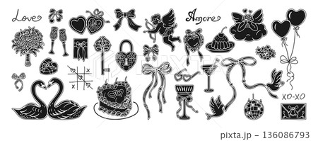 Whimsical Valentine Illustration Set Drawn Coquette Stamp Sticker Girly Romantic Vintage Elements 136086793