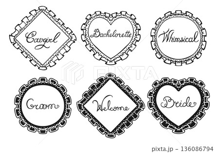 Elegant Coquette Frame Set Hand Drawn Cloth Ruffles Lace Borders Whimsical Romantic Heart Shapes 136086794