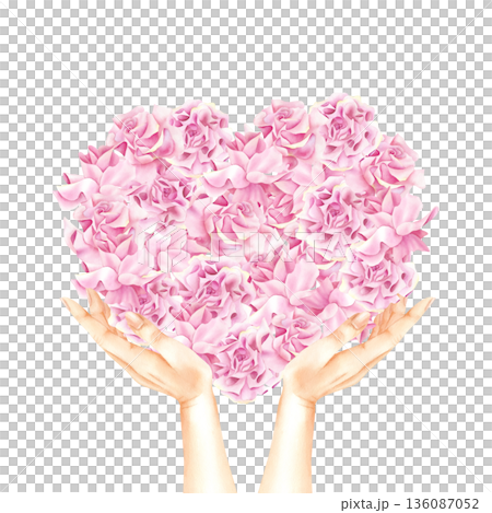 Watercolor floral heart in women hands. Delicate Pink roses composition for Valentine's Day, Beauty industry, Wedding day and florist shop. Illustration isolated on transparent background 136087052